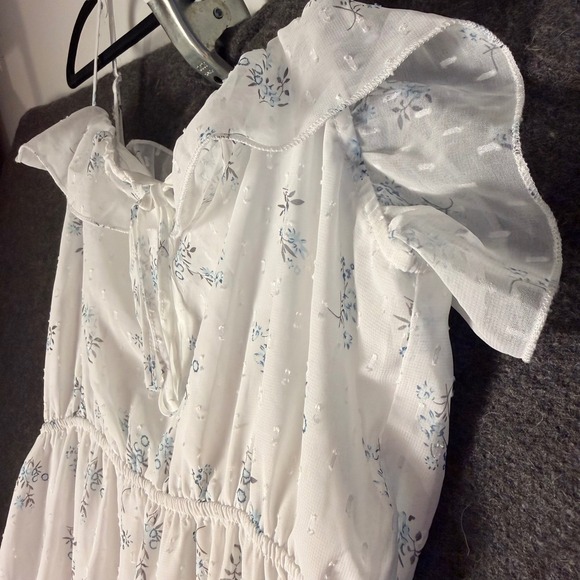 Womens L White Maxi Dress Floral Swiss Dot Tiered Ruffle Sleeve Cottage Prairie - Picture 2 of 11